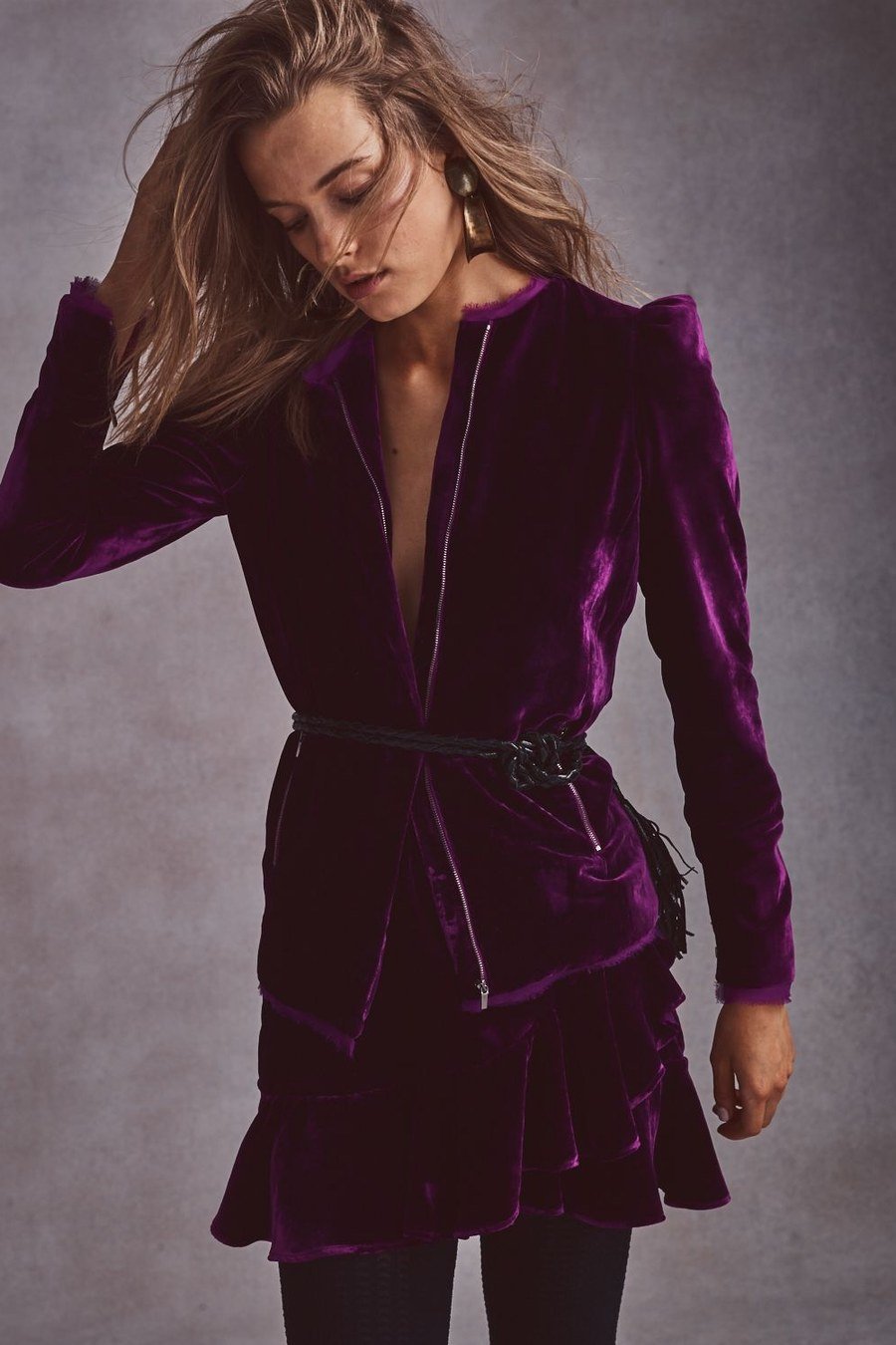 Velvet moto jacket with ruffle mini skirt