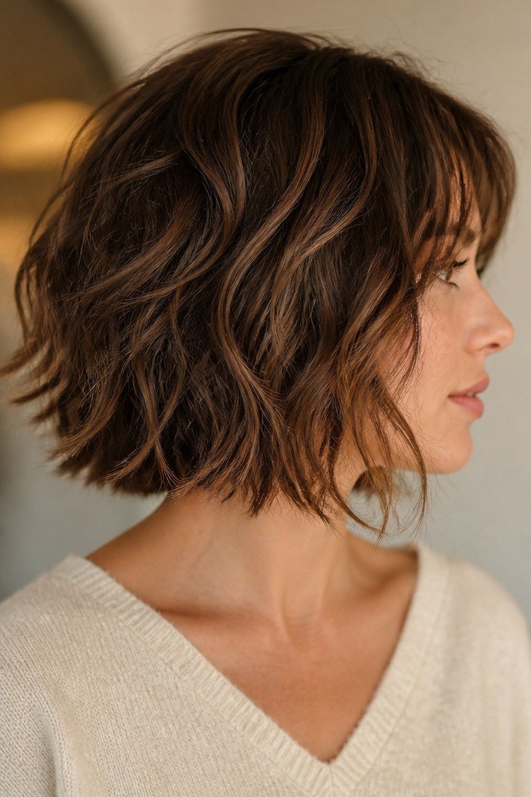 Effortless wavy jaw length bob with air-dried bend