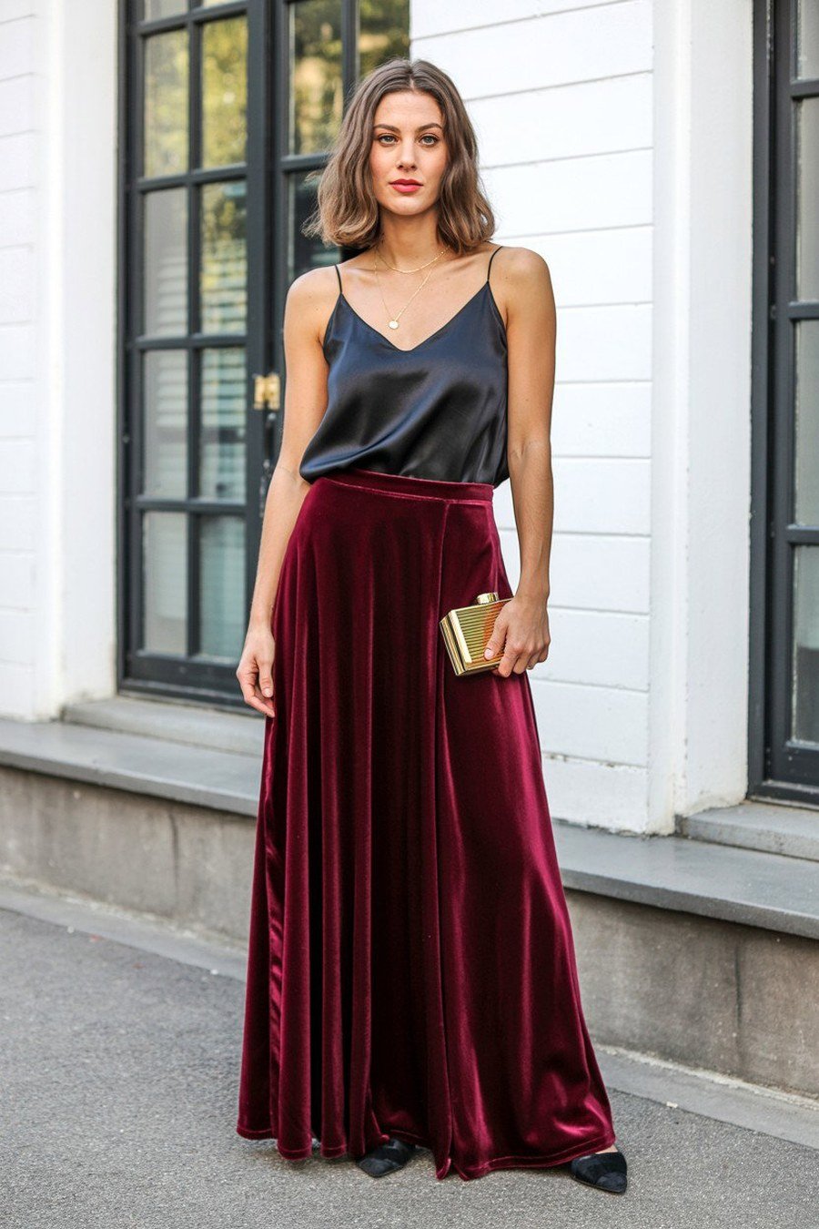Burgundy velvet maxi skirt with black lace camisole