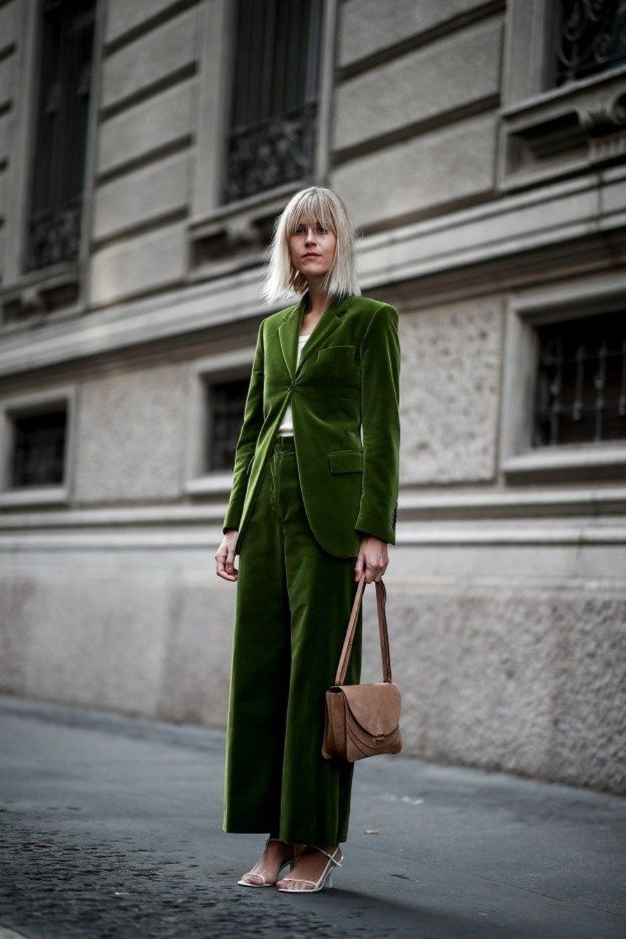 Monochrome head-to-toe emerald velvet outfit