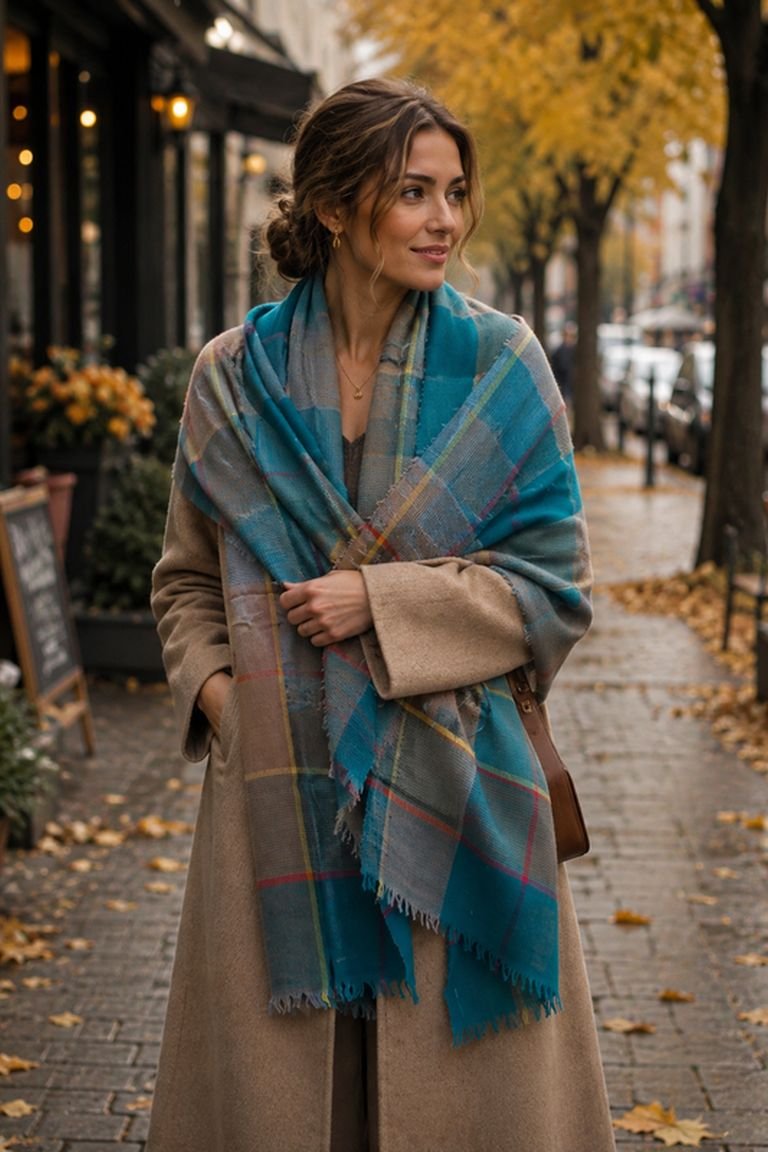 Oversized plaid blanket scarf with a camel coat and jeans, a cozy plaid winter travel outfit