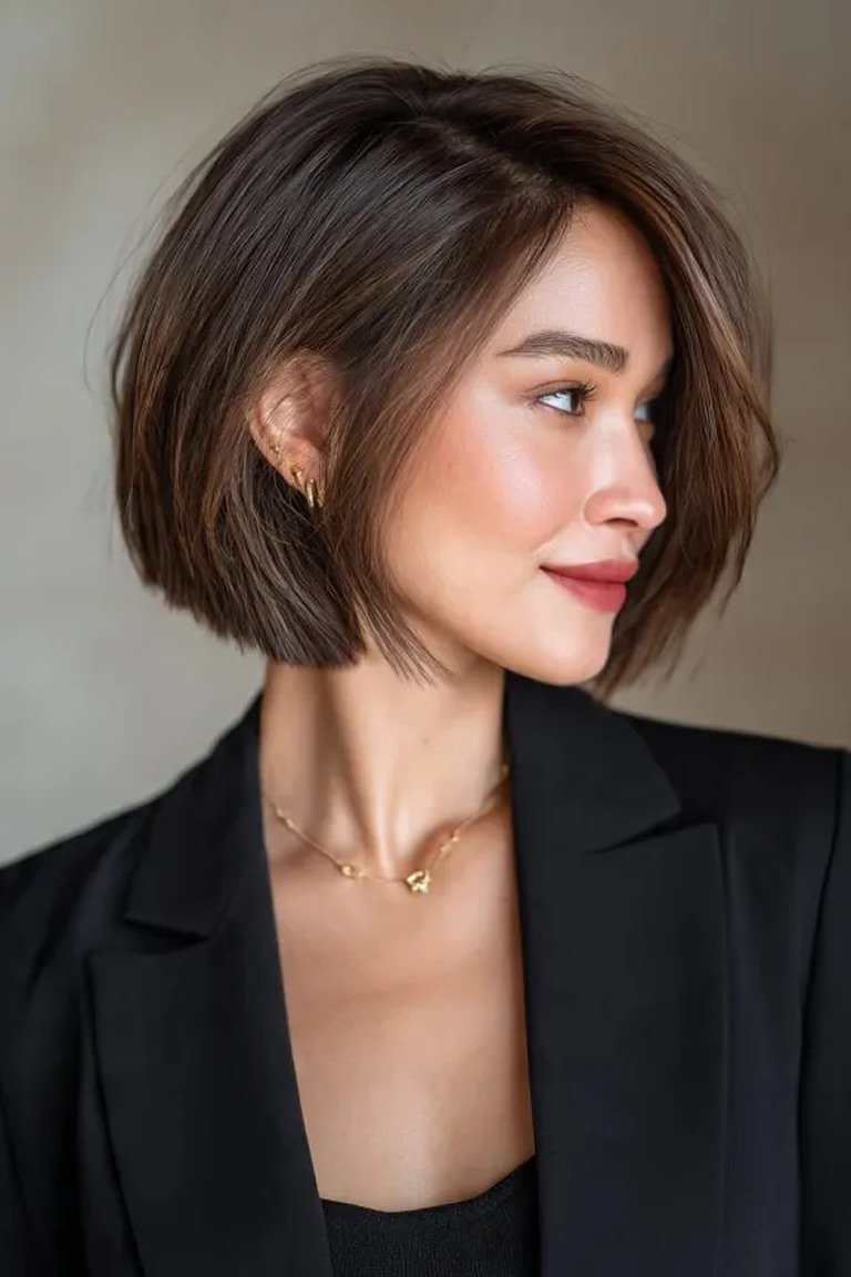 Blunt jaw length bob with longer front pieces that elongate a round face