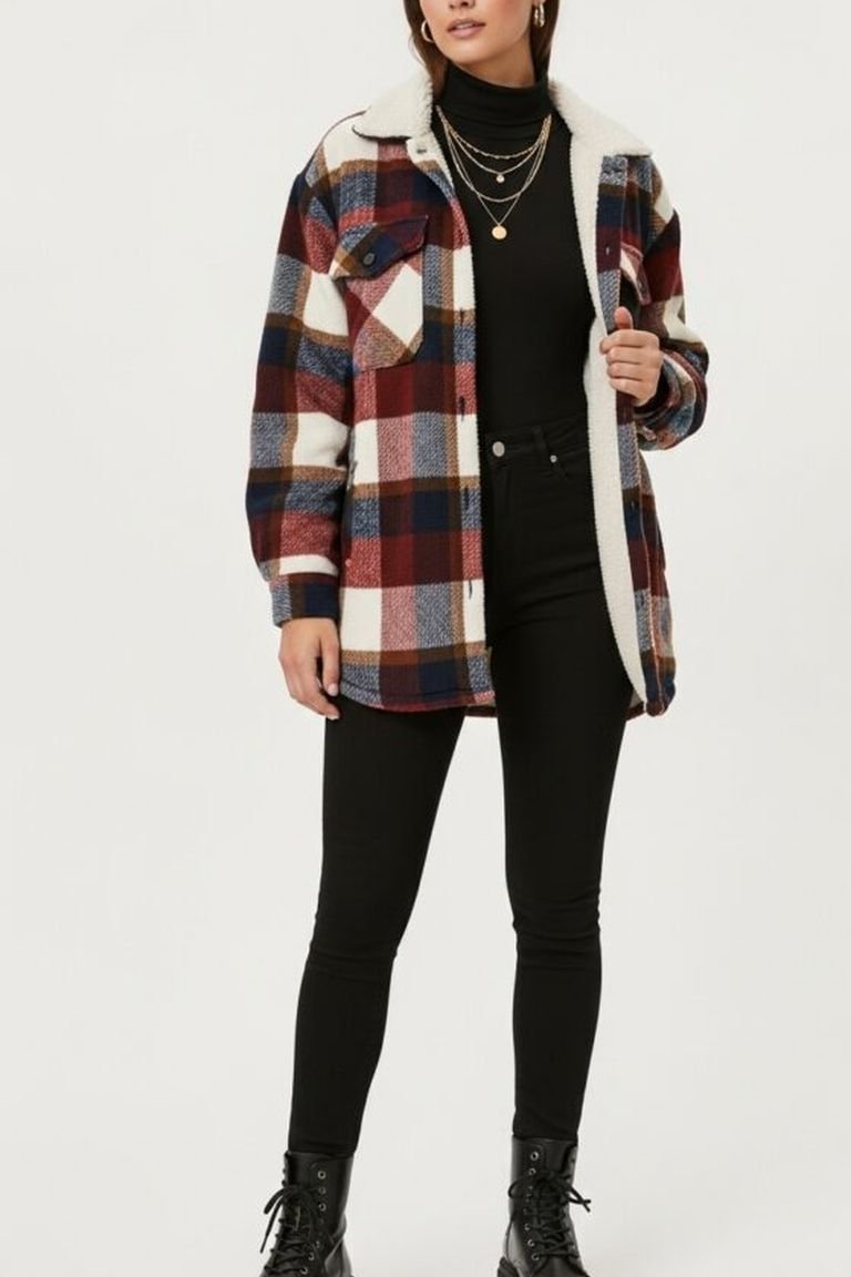 Plaid flannel shacket with black jeans and a black turtleneck, an easy layered plaid winter outfit