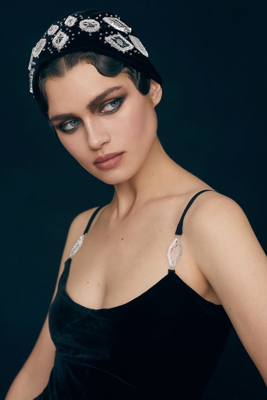 Velvet headband with black dress and Mary Jane shoes