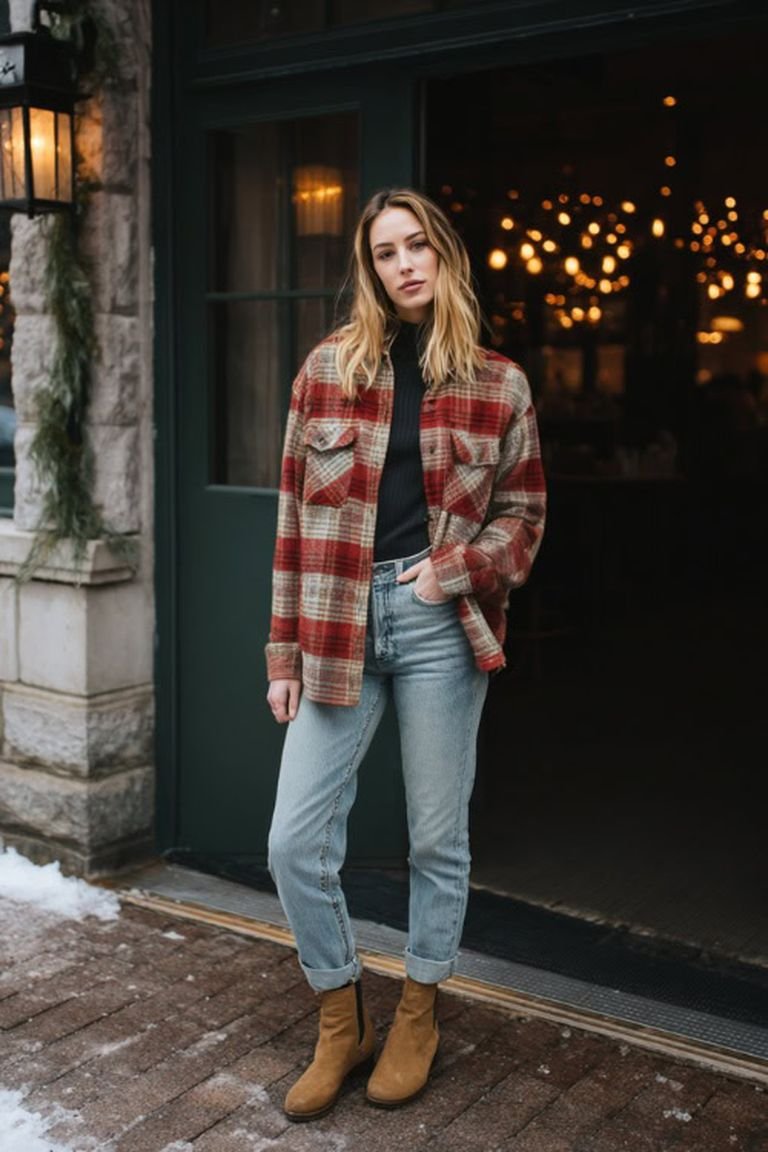 Plaid button-down shirt with light-wash jeans and boots, a rugged casual plaid winter outfit for women