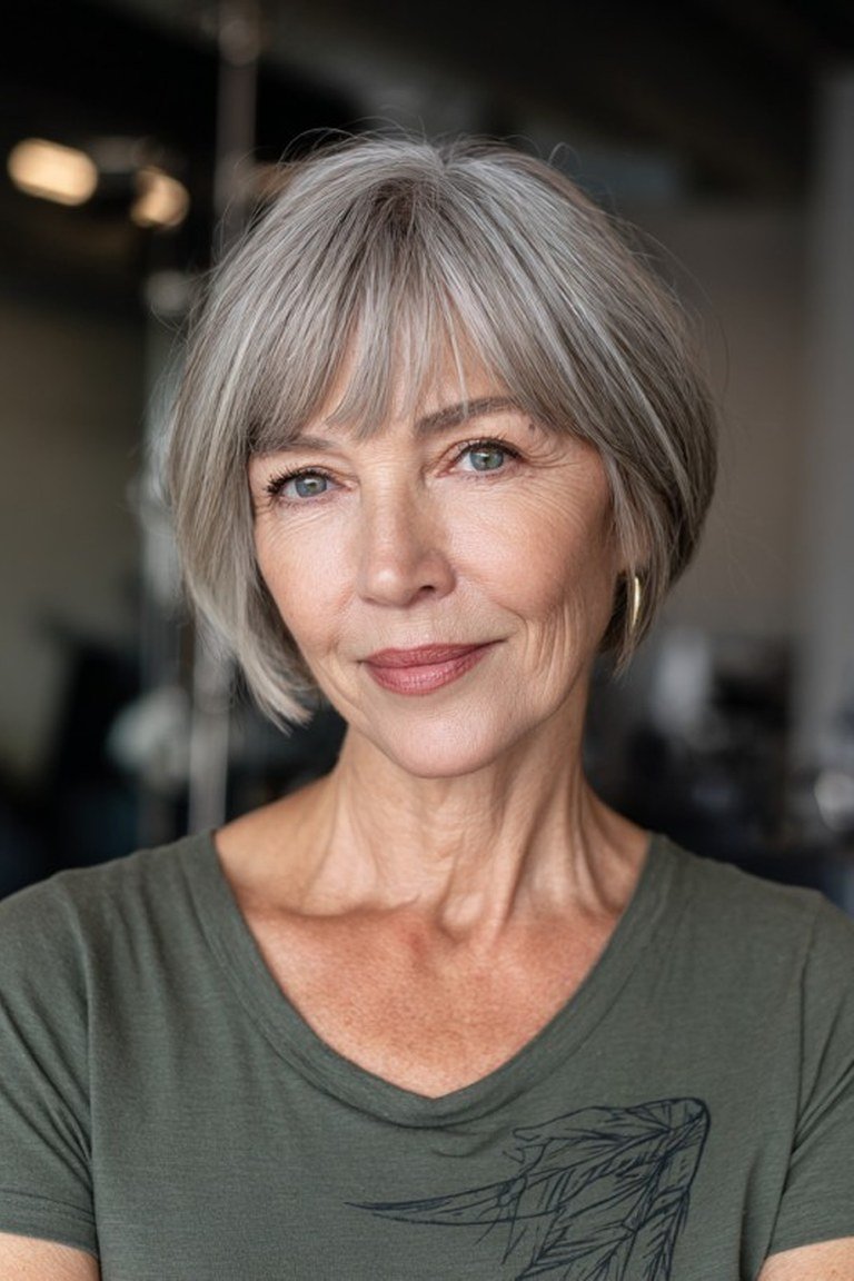 Softly textured silver jaw length bob with playful bangs for women over 50