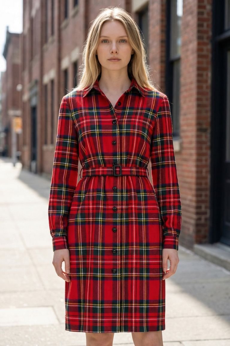 Red plaid midi shirt dress with a belt, a festive plaid winter dress outfit for holiday parties