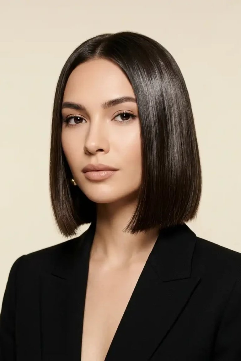 Sleek office-polished bob at the jawline, woman in a blazer