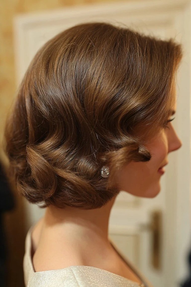 Formal short bob waves, wedding-guest ready with soft evening shine