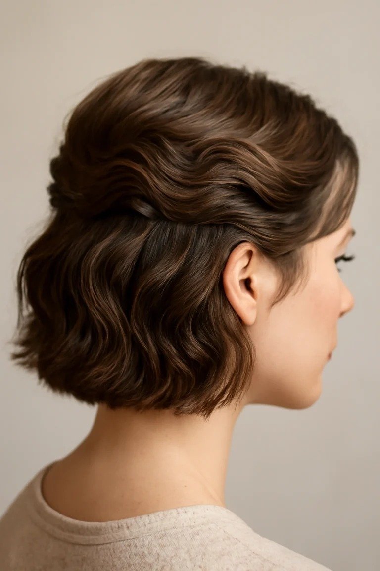 Half-up jaw length bob with curved pin waves and face-framing pieces left out