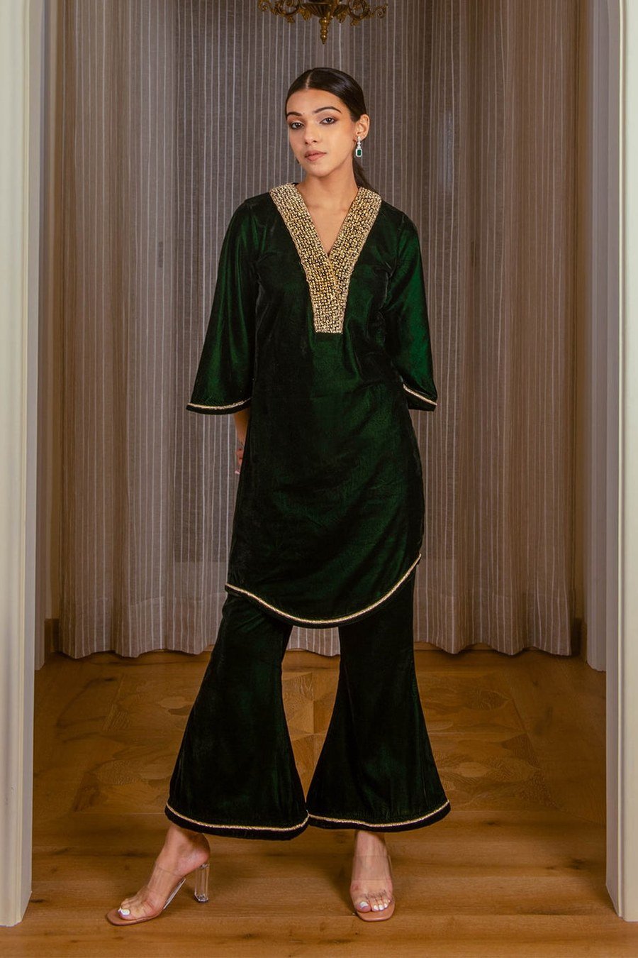 Emerald velvet palazzo co-ord set with block heels