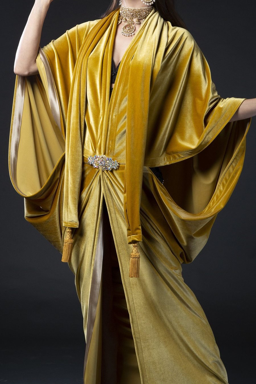 Golden velvet kaftan with jeweled belt