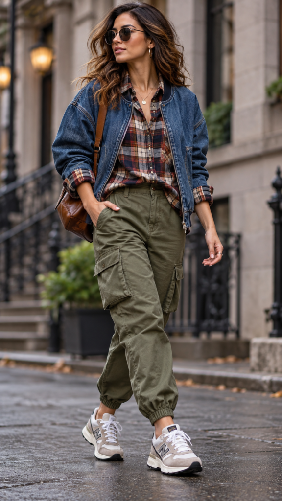 Flannel Layered With Cargo Pants And Retro Sneakers