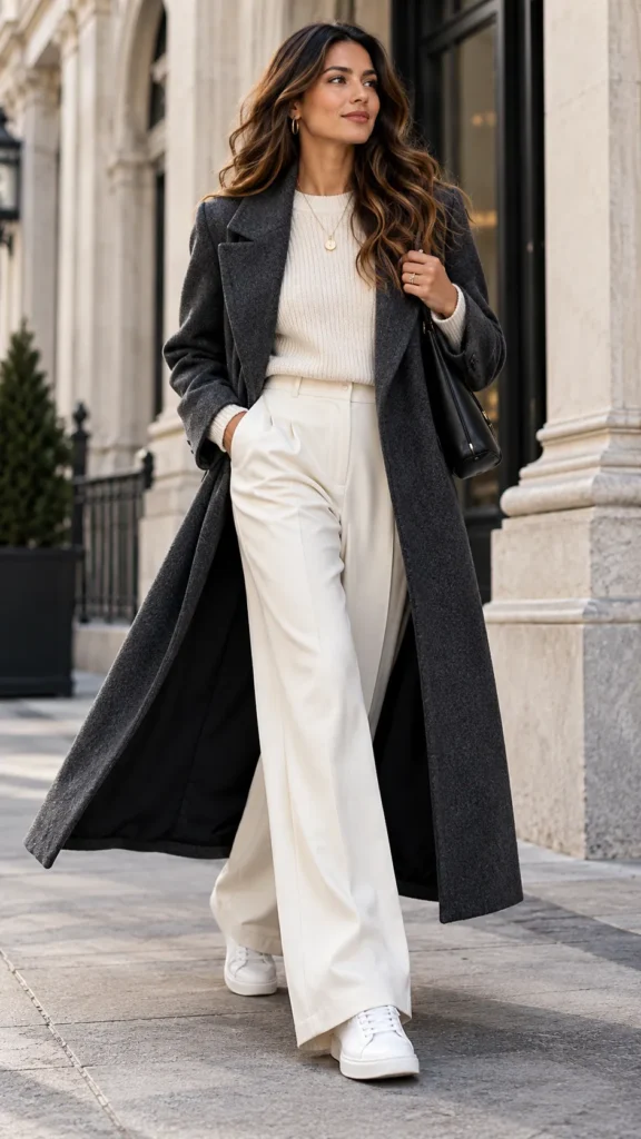 Long Wool Coat With Wide Leg Trousers And Sleek Sneakers