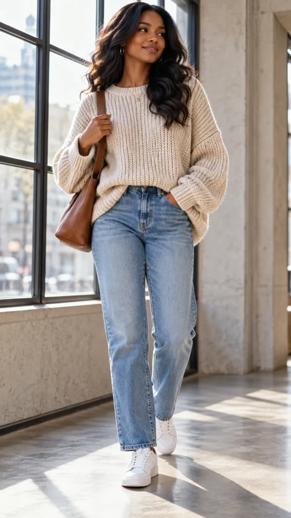 Oversize Sweater With Straight Jeans And White Sneakers