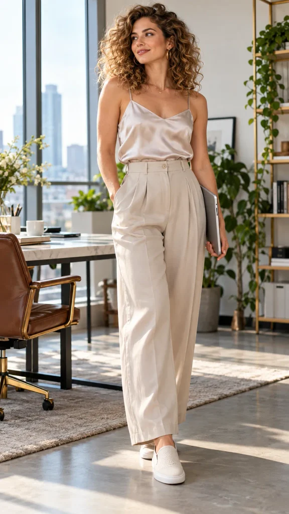  Pleated Trousers With A Silk Camisole