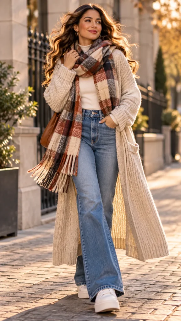 Scarf With Long Cardigan And Flare Jeans