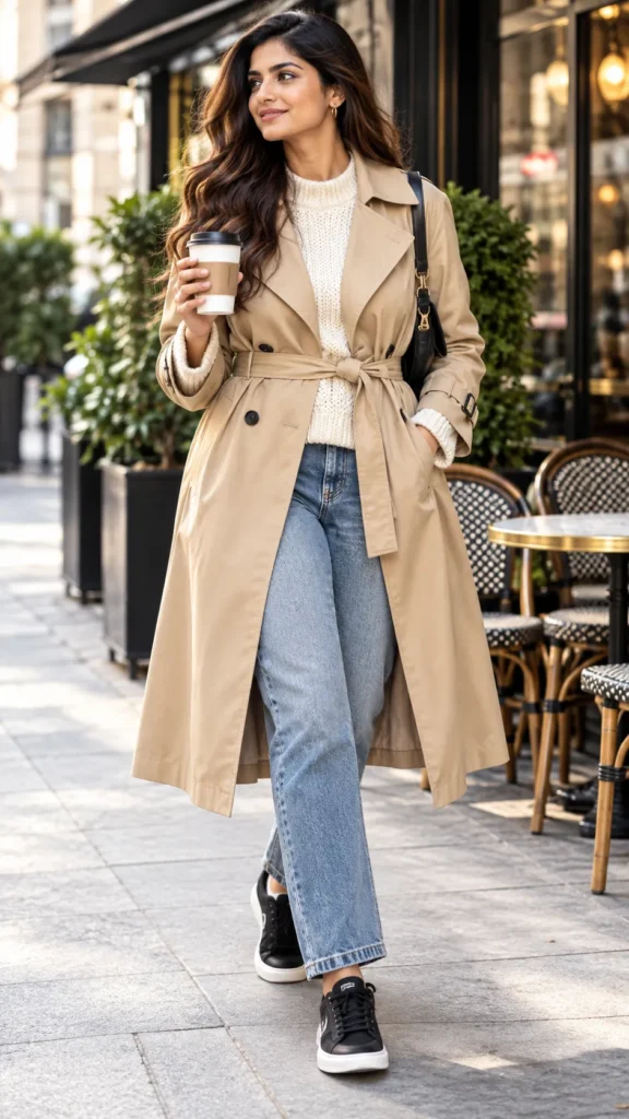 Trench Coat With Chunky Knit And Straight Jeans