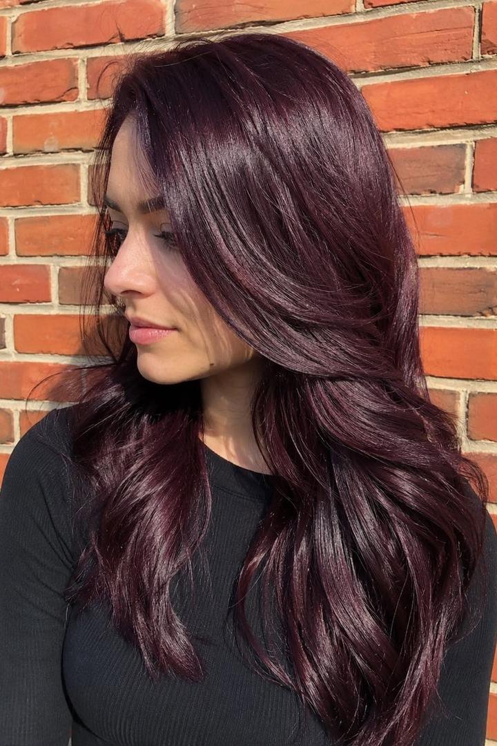 Straight plum burgundy hair with cool violet undertones