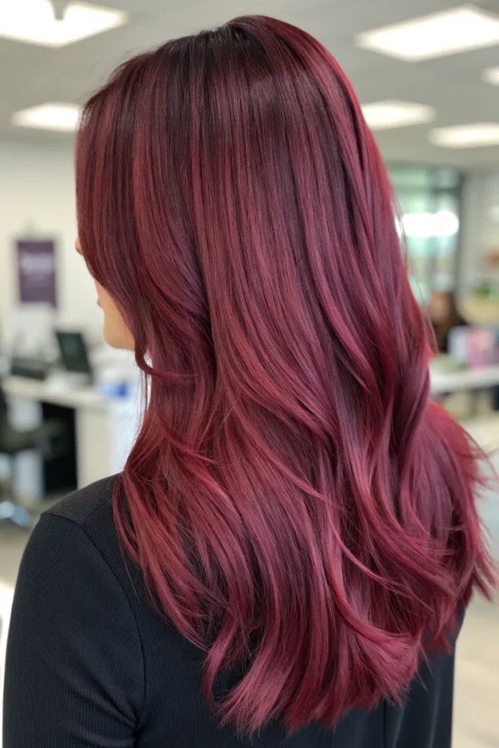 Long sleek cherry cola burgundy hair, dark cherry brown-red