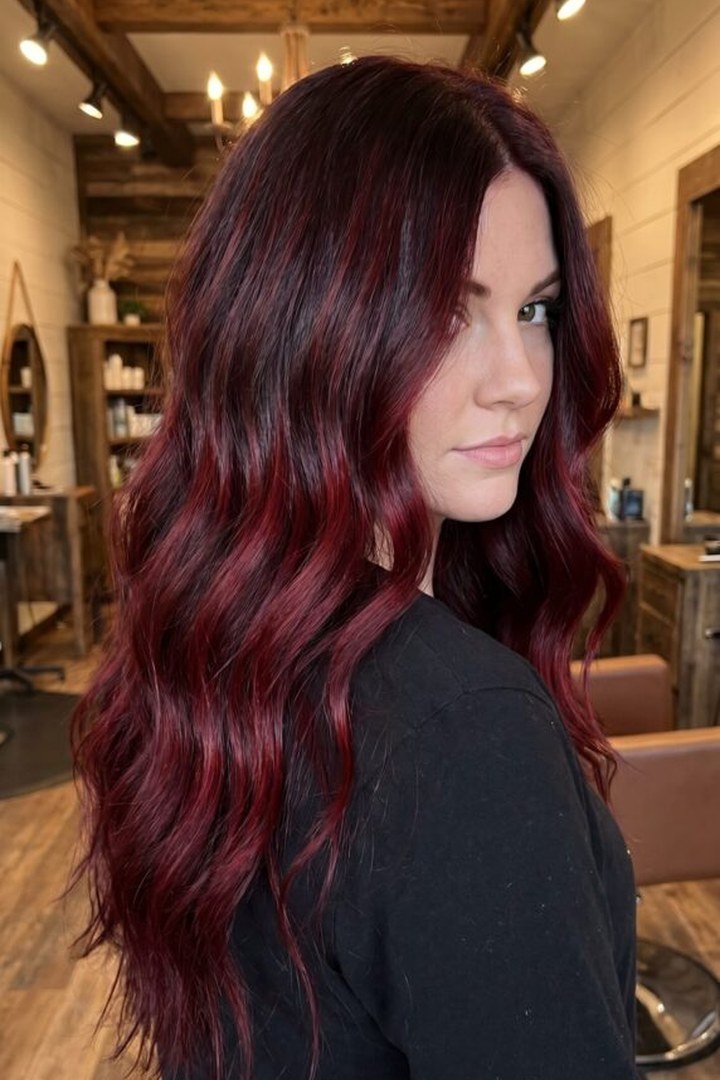 Long wavy copper burgundy hair, warm copper-red blend