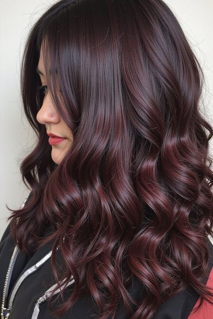 Sleek near-black hair with black cherry burgundy dimension