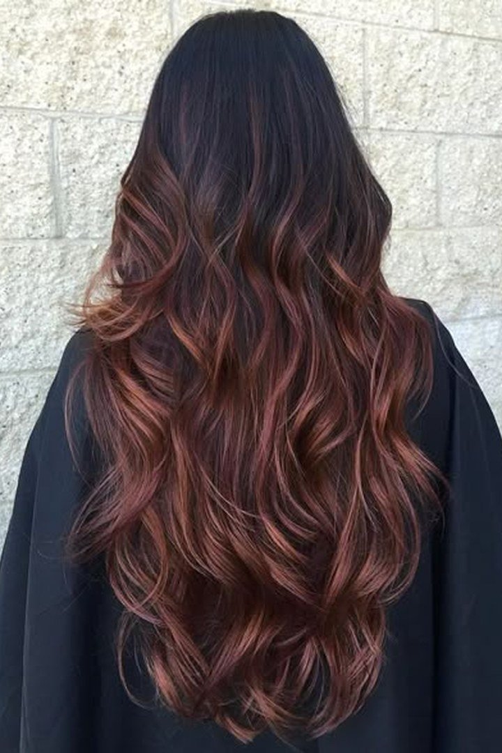 Burgundy balayage on dark hair, hand-painted burgundy ends