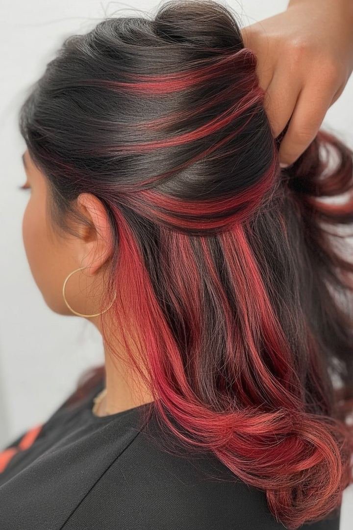 Peek-a-boo burgundy highlights, hidden burgundy underlayer panels