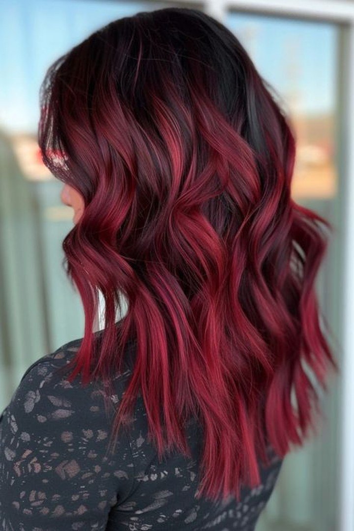Burgundy root melt, dark shadowed roots blended into burgundy lengths