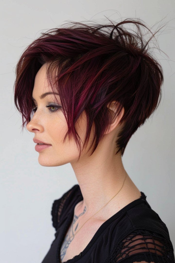 Short burgundy pixie cut, saturated wine-red colour