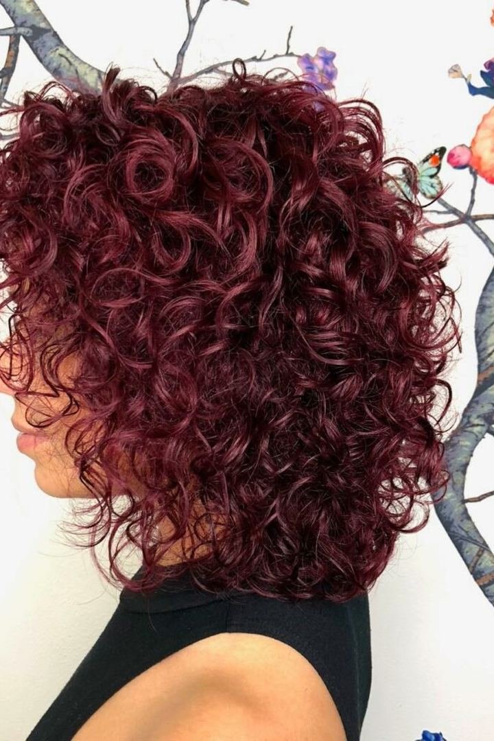 Defined burgundy ringlets, spiral curls in wine-red colour