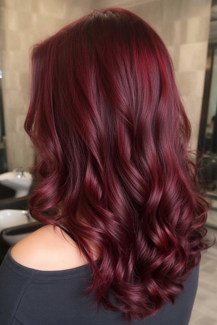 Glossy burgundy hair with sheer wine-red gloss topcoat shine