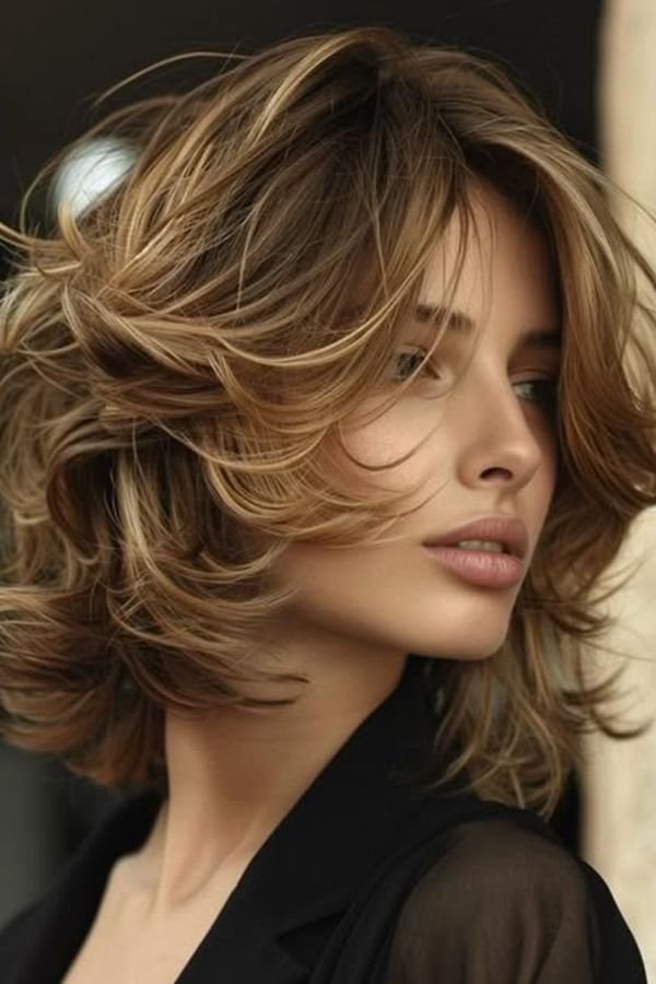 Feathered medium-length blowout with flipped-out ends and airy layers