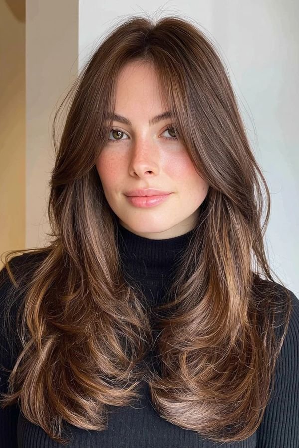 Long brunette 90s blowout hairstyle with curtain bangs framing the face