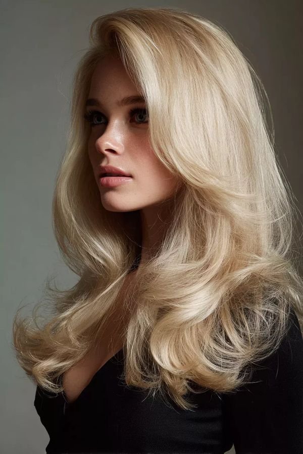 Blonde blowout with a deep side part swept smoothly across the forehead