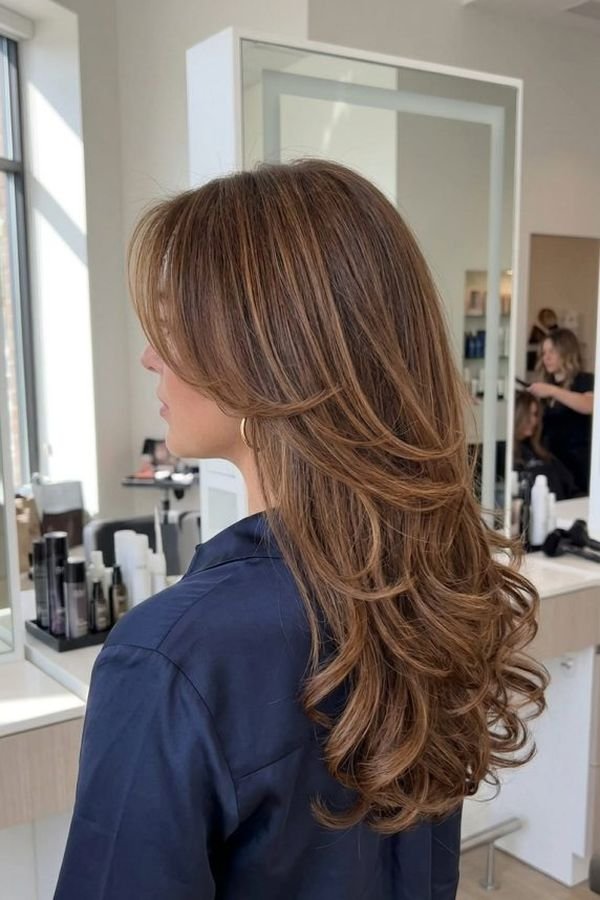 Long layered hair blown out with soft waves, seen from the side in a salon