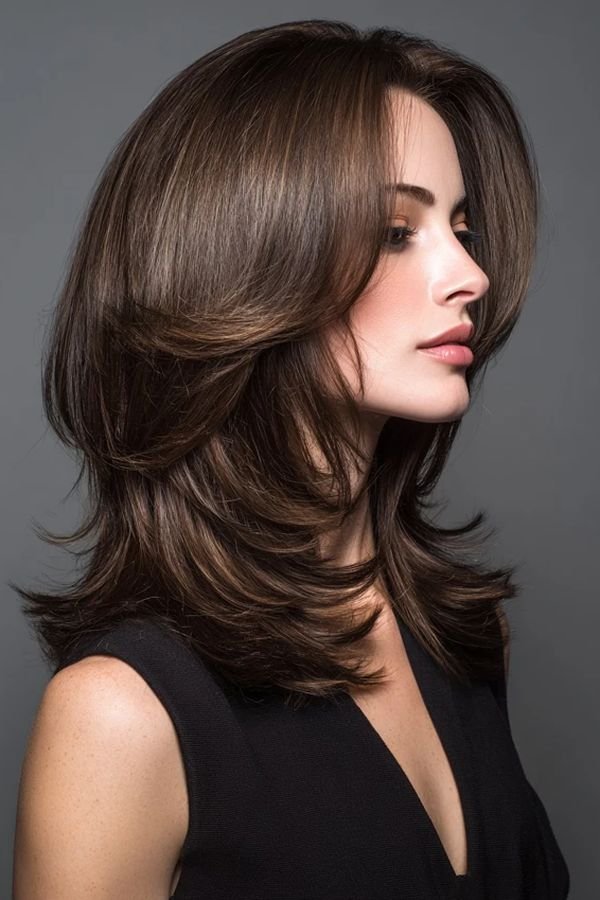 Medium-length brunette blowout with soft curved layers, side profile