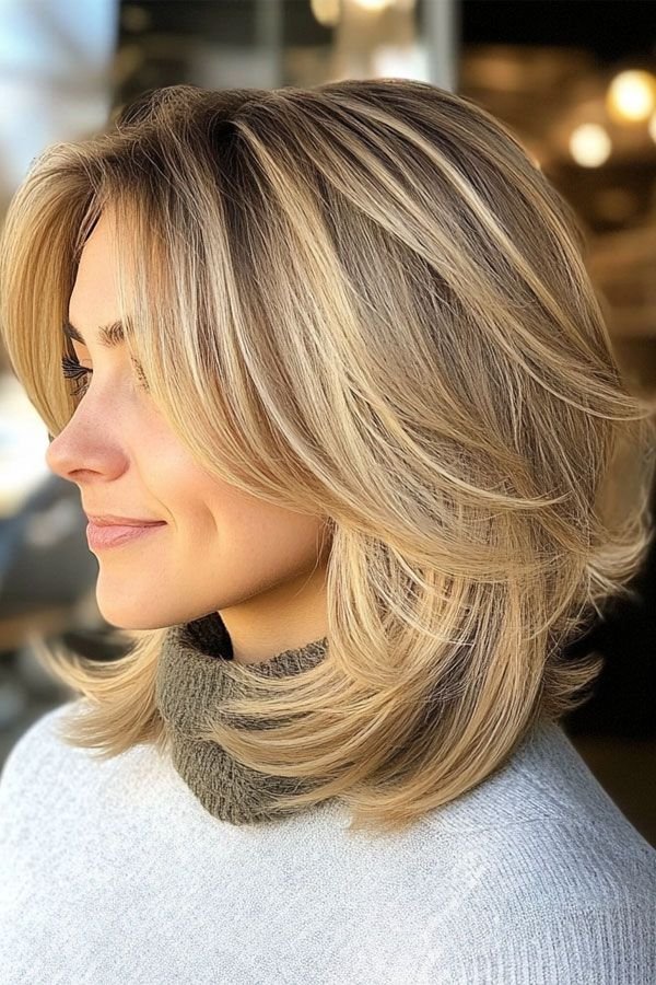 Shoulder-length blonde lob blowout with curved-under ends, side view