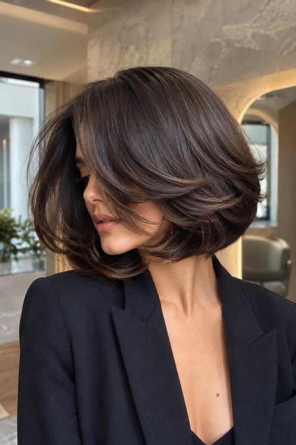 Chin-length dark bob blowout with beveled ends and root lift, side profile