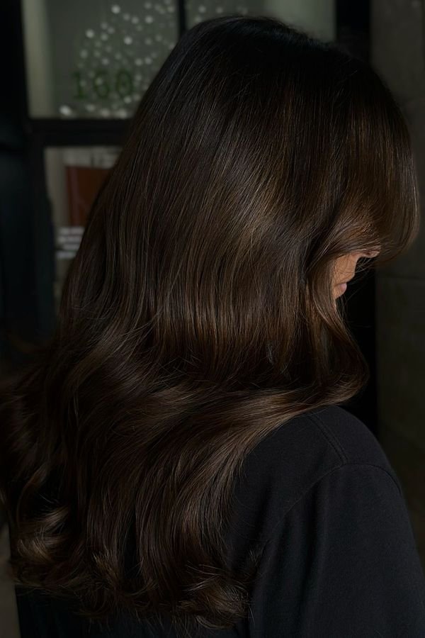Glossy dark brunette blowout with sleek wavy lengths, back view