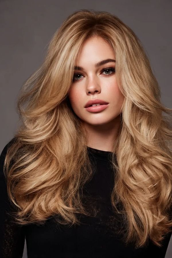 Honey blonde blowout with soft voluminous waves