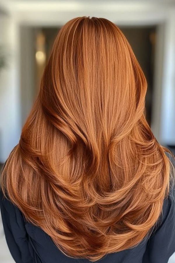 Copper auburn blowout with long layered waves, back view
