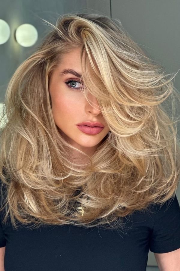 Blonde blowout with extra crown volume and face-framing layers