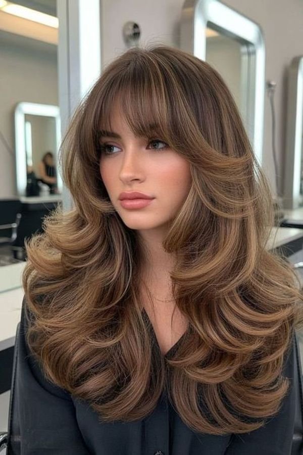 Glamorous party blowout with big bouncy layers and a full soft fringe
