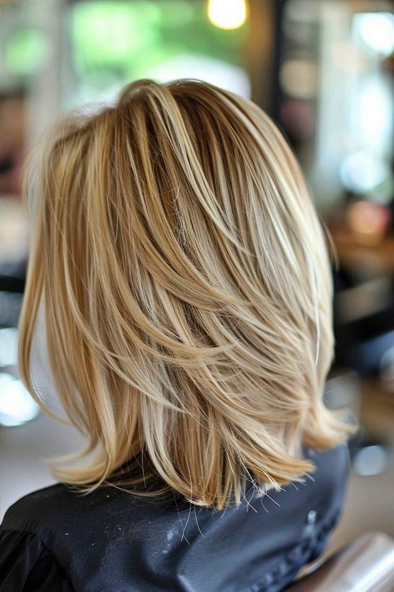 Lived-in blonde long layered bob seen from the back