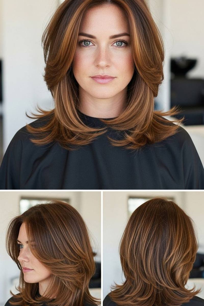 Long layered bob shown from multiple angles