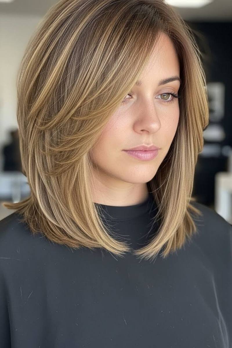 Long layered bob with face-framing curtain layers