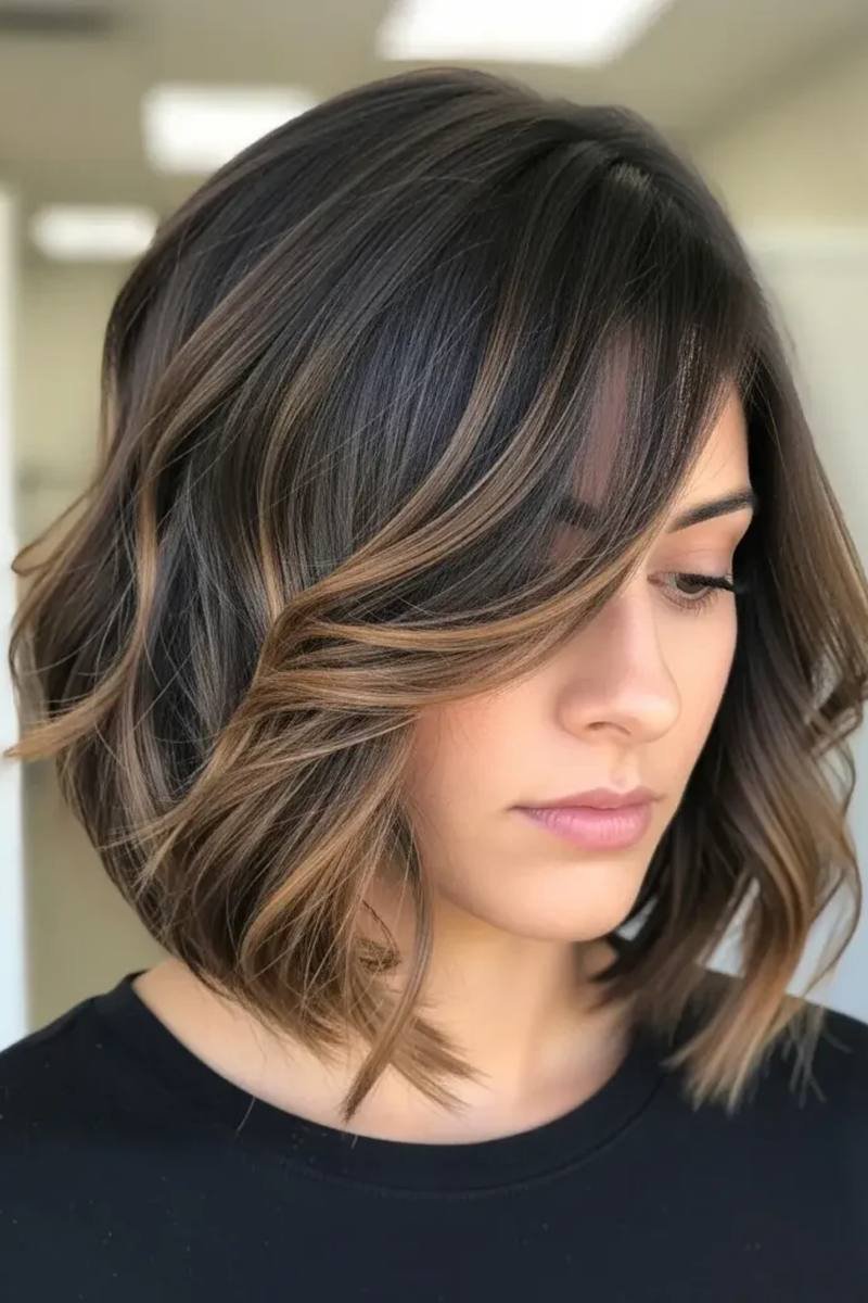 Angled long layered bob with stacked back