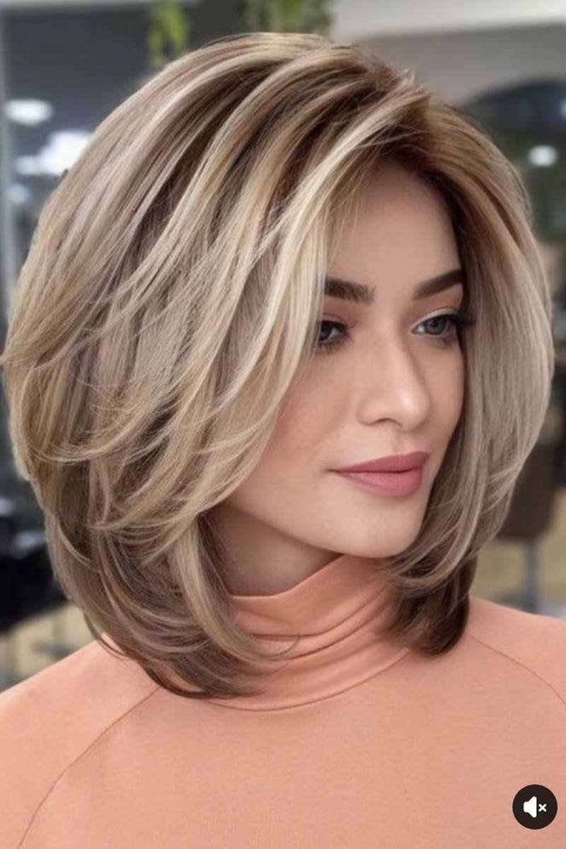 Long layered bob with a deep side part for volume