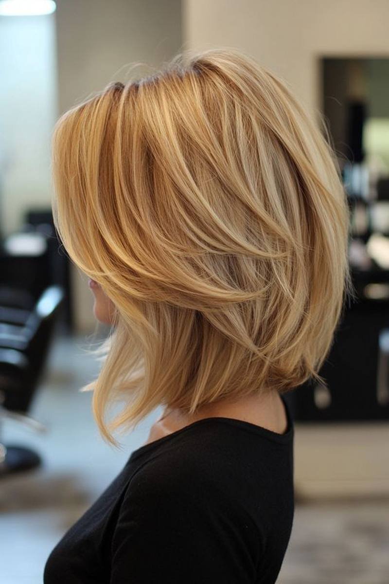 Straight sleek long layered bob with polished finish